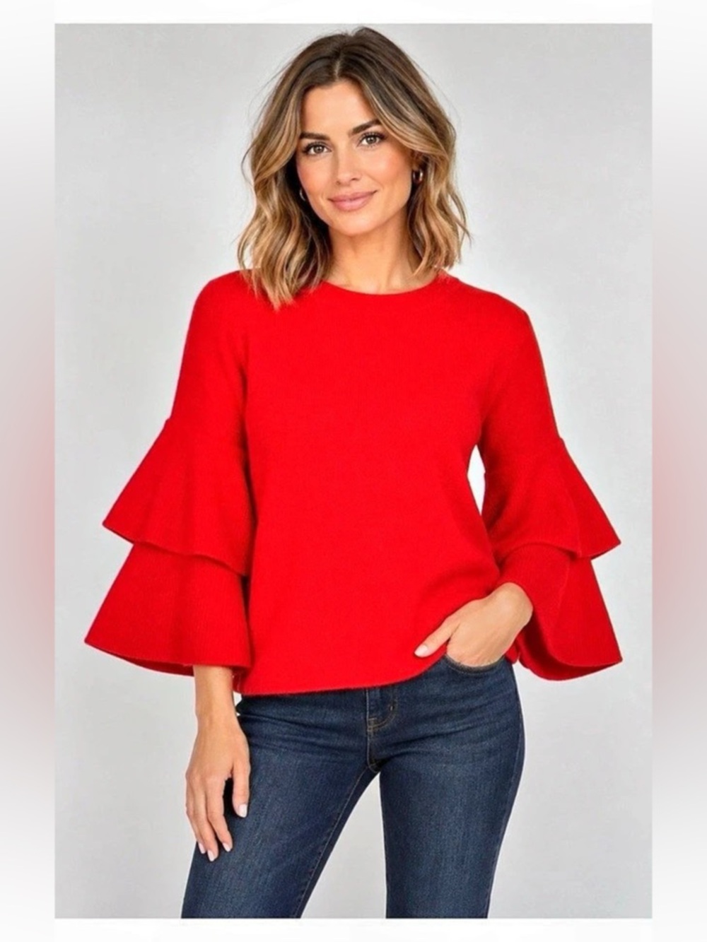 SKIES ARE BLUE Red Ruffle Sleeve Sweater Size Small
